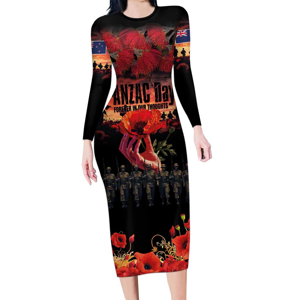 New Zealand ANZAC Day Family Matching Long Sleeve Bodycon Dress and Hawaiian Shirt Forever in My Thoughts LT03 Mom's Dress Black - Polynesian Pride