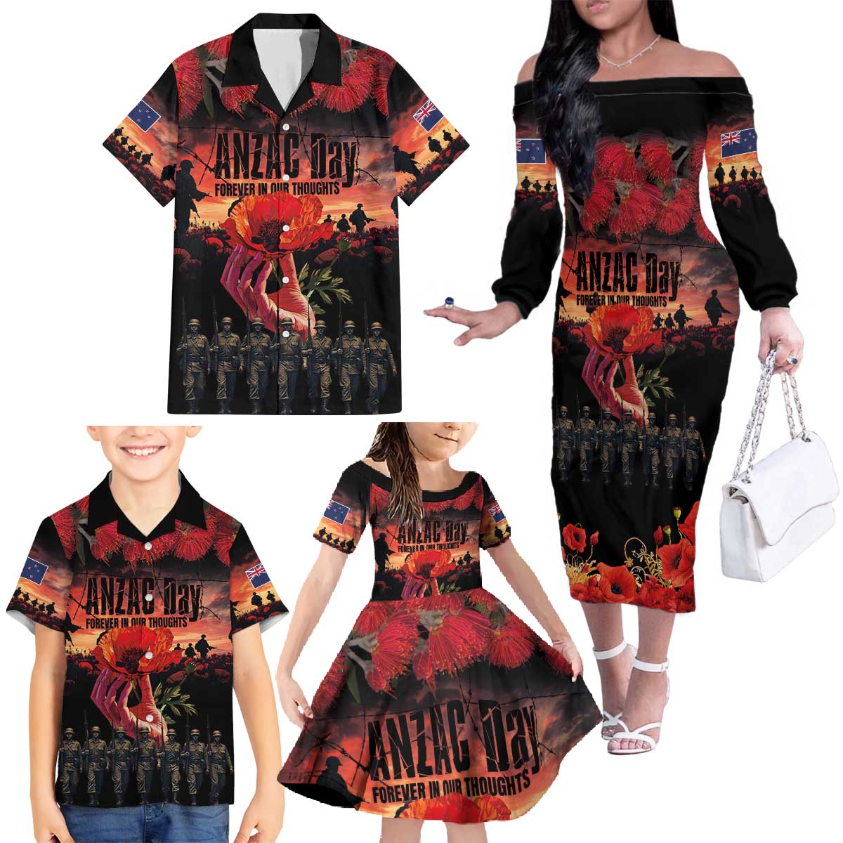 New Zealand ANZAC Day Family Matching Off The Shoulder Long Sleeve Dress and Hawaiian Shirt Forever in My Thoughts LT03 - Polynesian Pride
