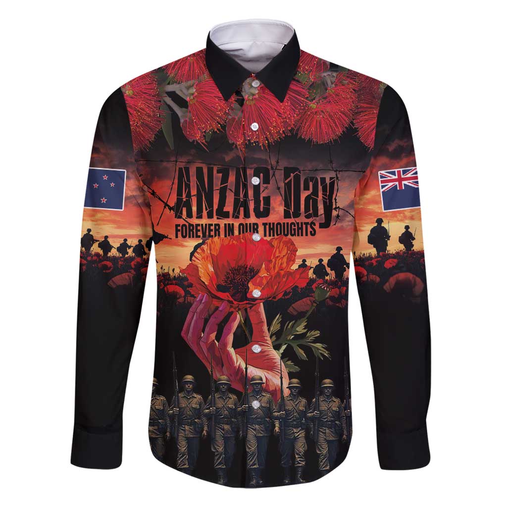 New Zealand ANZAC Day Family Matching Off Shoulder Maxi Dress and Hawaiian Shirt Forever in My Thoughts LT03 Dad's Shirt - Long Sleeve Black - Polynesian Pride