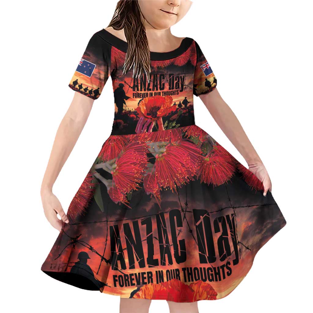 New Zealand ANZAC Day Family Matching Off Shoulder Short Dress and Hawaiian Shirt Forever in My Thoughts LT03 Daughter's Dress Black - Polynesian Pride