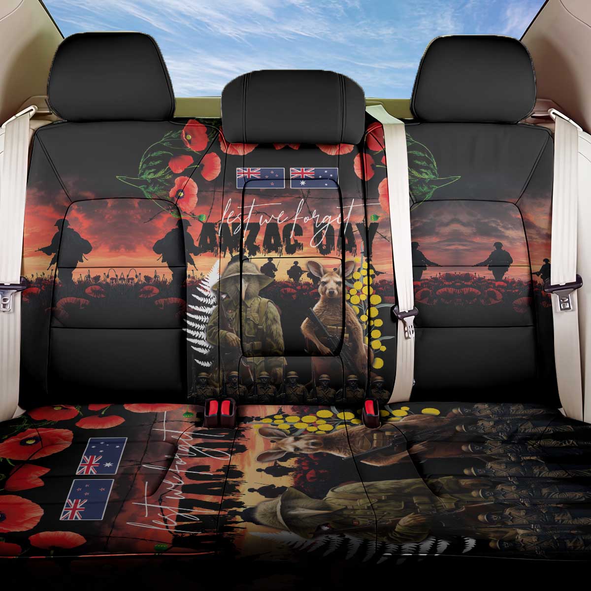 Australia and New Zealand ANZAC Day Back Car Seat Cover Kangaroo and Kiwi Bird Soldier - Forever in My Thoughts LT03 One Size Black - Polynesian Pride