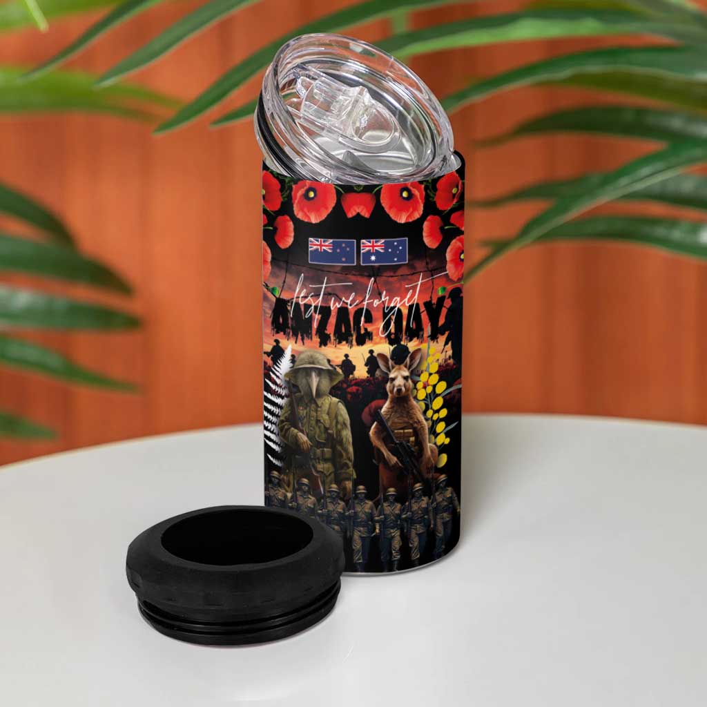 Australia and New Zealand ANZAC Day 4 in 1 Can Cooler Tumbler Kangaroo and Kiwi Bird Soldier Forever in My Thoughts LT03 - Polynesian Pride