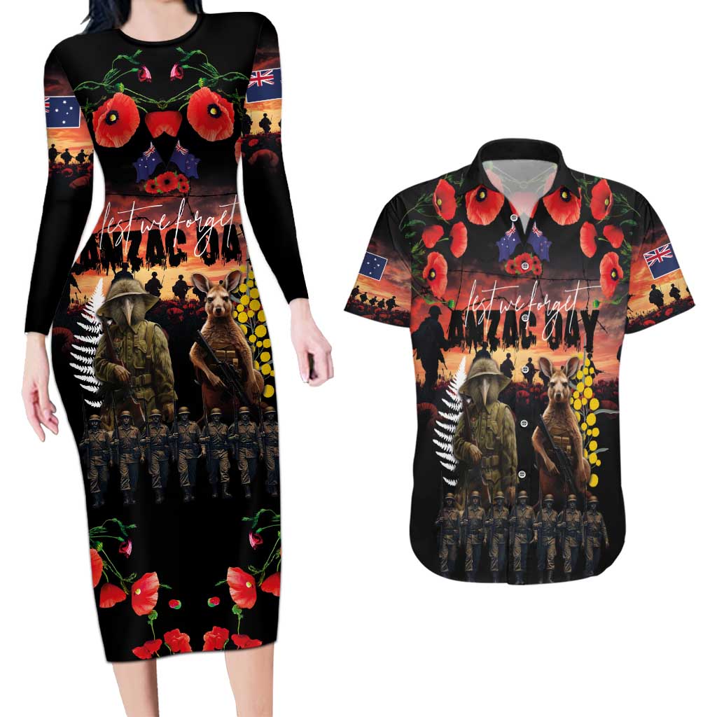 Australia and New Zealand ANZAC Day Couples Matching Long Sleeve Bodycon Dress and Hawaiian Shirt Kangaroo and Kiwi Bird Soldier - Forever in My Thoughts LT03 Black - Polynesian Pride