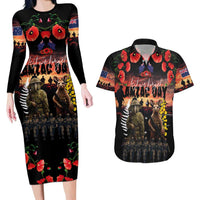 Australia and New Zealand ANZAC Day Couples Matching Long Sleeve Bodycon Dress and Hawaiian Shirt Kangaroo and Kiwi Bird Soldier - Forever in My Thoughts LT03 Black - Polynesian Pride