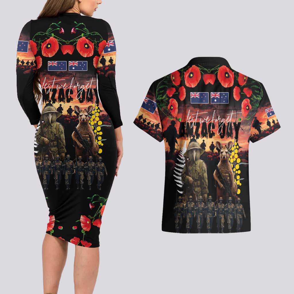 Australia and New Zealand ANZAC Day Couples Matching Long Sleeve Bodycon Dress and Hawaiian Shirt Kangaroo and Kiwi Bird Soldier - Forever in My Thoughts LT03 - Polynesian Pride