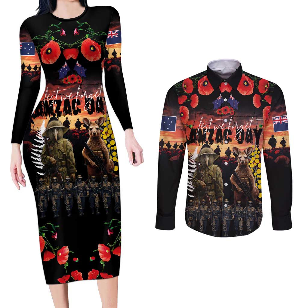 Australia and New Zealand ANZAC Day Couples Matching Long Sleeve Bodycon Dress and Long Sleeve Button Shirt Kangaroo and Kiwi Bird Soldier - Forever in My Thoughts LT03 Black - Polynesian Pride