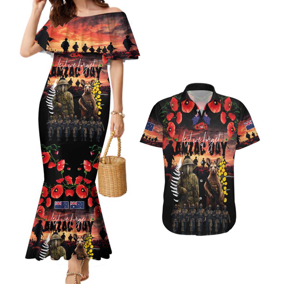 Australia and New Zealand ANZAC Day Couples Matching Mermaid Dress and Hawaiian Shirt Kangaroo and Kiwi Bird Soldier - Forever in My Thoughts LT03 Black - Polynesian Pride