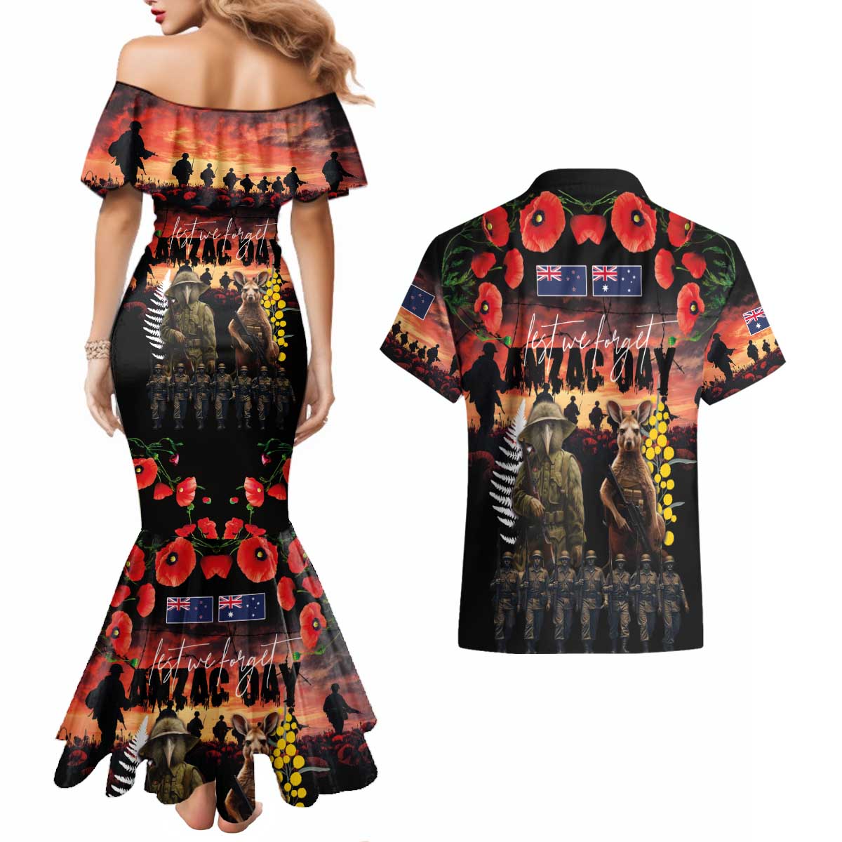 Australia and New Zealand ANZAC Day Couples Matching Mermaid Dress and Hawaiian Shirt Kangaroo and Kiwi Bird Soldier - Forever in My Thoughts LT03 - Polynesian Pride