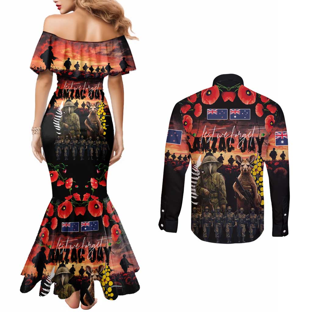 Australia and New Zealand ANZAC Day Couples Matching Mermaid Dress and Long Sleeve Button Shirt Kangaroo and Kiwi Bird Soldier - Forever in My Thoughts LT03 - Polynesian Pride