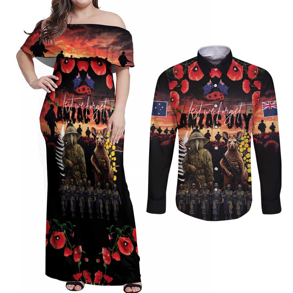 Australia and New Zealand ANZAC Day Couples Matching Off Shoulder Maxi Dress and Long Sleeve Button Shirt Kangaroo and Kiwi Bird Soldier - Forever in My Thoughts LT03 Black - Polynesian Pride