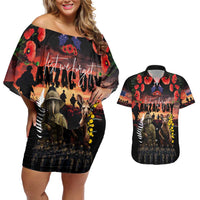 Australia and New Zealand ANZAC Day Couples Matching Off Shoulder Short Dress and Hawaiian Shirt Kangaroo and Kiwi Bird Soldier - Forever in My Thoughts LT03 Black - Polynesian Pride