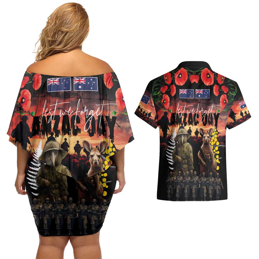 Australia and New Zealand ANZAC Day Couples Matching Off Shoulder Short Dress and Hawaiian Shirt Kangaroo and Kiwi Bird Soldier - Forever in My Thoughts LT03 - Polynesian Pride