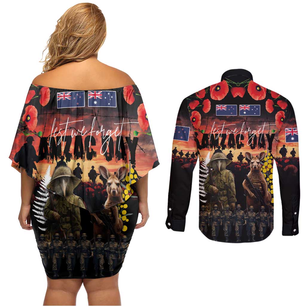 Australia and New Zealand ANZAC Day Couples Matching Off Shoulder Short Dress and Long Sleeve Button Shirt Kangaroo and Kiwi Bird Soldier - Forever in My Thoughts LT03 - Polynesian Pride