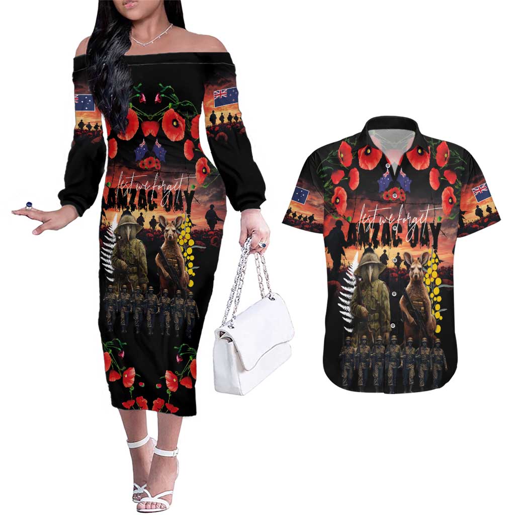 Australia and New Zealand ANZAC Day Couples Matching Off The Shoulder Long Sleeve Dress and Hawaiian Shirt Kangaroo and Kiwi Bird Soldier - Forever in My Thoughts LT03 Black - Polynesian Pride
