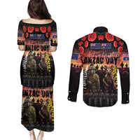 Australia and New Zealand ANZAC Day Couples Matching Puletasi and Long Sleeve Button Shirt Kangaroo and Kiwi Bird Soldier - Forever in My Thoughts LT03 - Polynesian Pride
