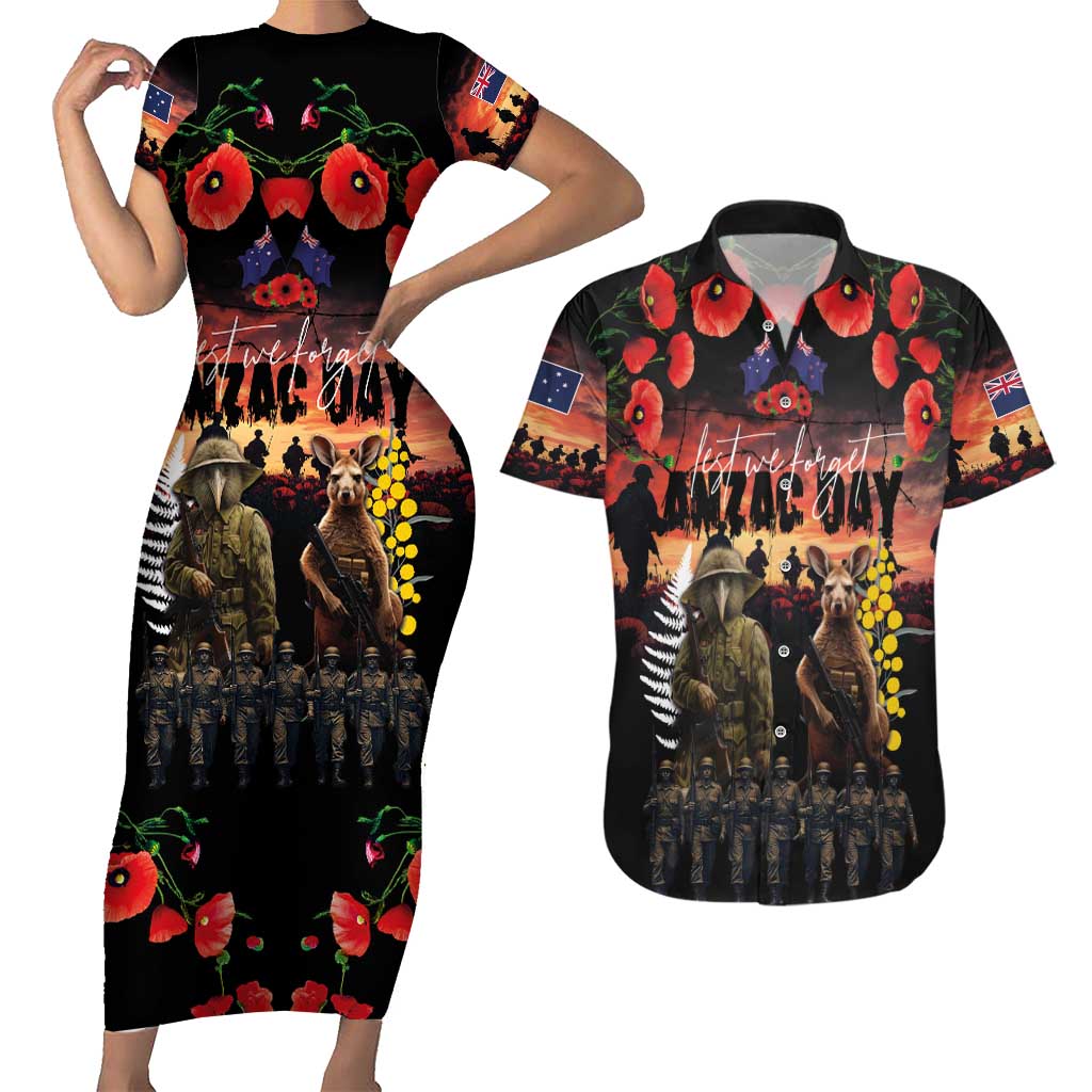 Australia and New Zealand ANZAC Day Couples Matching Short Sleeve Bodycon Dress and Hawaiian Shirt Kangaroo and Kiwi Bird Soldier - Forever in My Thoughts LT03 Black - Polynesian Pride