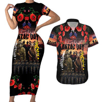 Australia and New Zealand ANZAC Day Couples Matching Short Sleeve Bodycon Dress and Hawaiian Shirt Kangaroo and Kiwi Bird Soldier - Forever in My Thoughts LT03 Black - Polynesian Pride