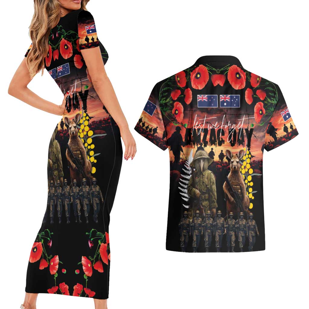 Australia and New Zealand ANZAC Day Couples Matching Short Sleeve Bodycon Dress and Hawaiian Shirt Kangaroo and Kiwi Bird Soldier - Forever in My Thoughts LT03 - Polynesian Pride