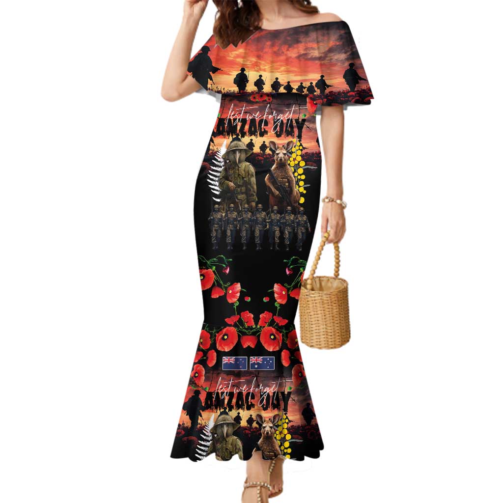 Australia and New Zealand ANZAC Day Family Matching Mermaid Dress and Hawaiian Shirt Kangaroo and Kiwi Bird Soldier - Forever in My Thoughts LT03 Mom's Dress Black - Polynesian Pride
