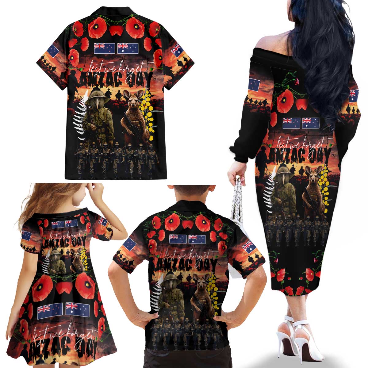 Australia and New Zealand ANZAC Day Family Matching Off The Shoulder Long Sleeve Dress and Hawaiian Shirt Kangaroo and Kiwi Bird Soldier - Forever in My Thoughts LT03 - Polynesian Pride