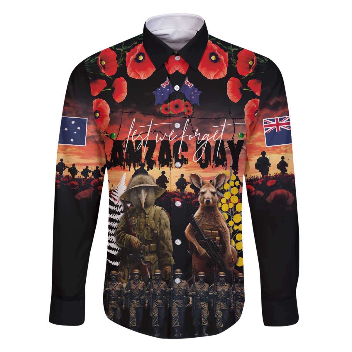 Australia and New Zealand ANZAC Day Family Matching Off The Shoulder Long Sleeve Dress and Hawaiian Shirt Kangaroo and Kiwi Bird Soldier - Forever in My Thoughts LT03 Dad's Shirt - Long Sleeve Black - Polynesian Pride