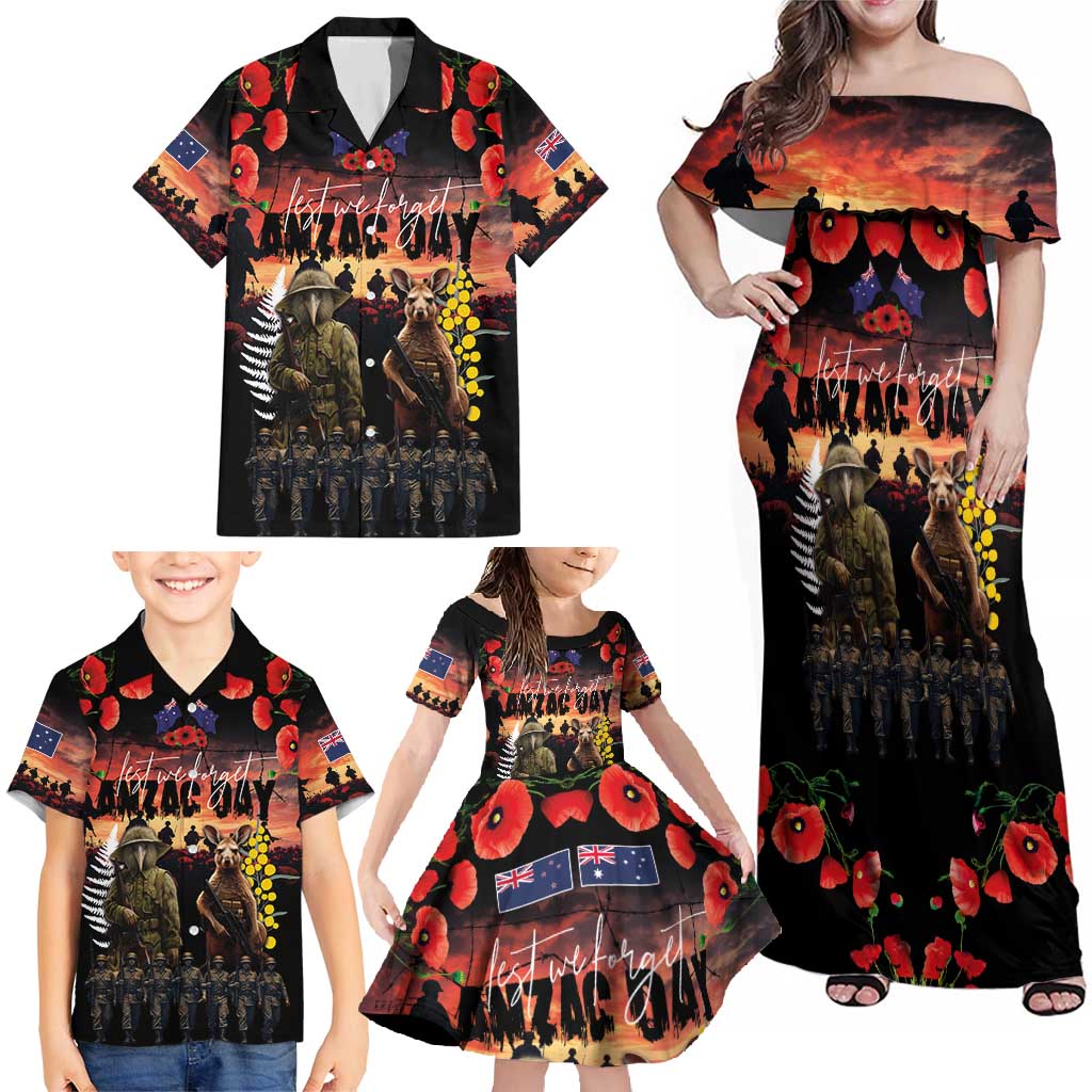 Australia and New Zealand ANZAC Day Family Matching Off Shoulder Maxi Dress and Hawaiian Shirt Kangaroo and Kiwi Bird Soldier - Forever in My Thoughts LT03 - Polynesian Pride