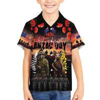 Australia and New Zealand ANZAC Day Family Matching Off Shoulder Maxi Dress and Hawaiian Shirt Kangaroo and Kiwi Bird Soldier - Forever in My Thoughts LT03 Son's Shirt Black - Polynesian Pride