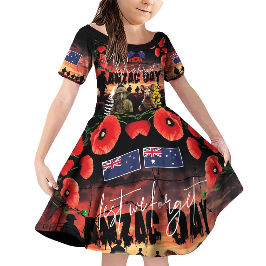 Australia and New Zealand ANZAC Day Family Matching Off Shoulder Short Dress and Hawaiian Shirt Kangaroo and Kiwi Bird Soldier - Forever in My Thoughts LT03 Daughter's Dress Black - Polynesian Pride