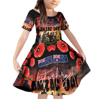 Australia and New Zealand ANZAC Day Family Matching Off Shoulder Short Dress and Hawaiian Shirt Kangaroo and Kiwi Bird Soldier - Forever in My Thoughts LT03 Daughter's Dress Black - Polynesian Pride