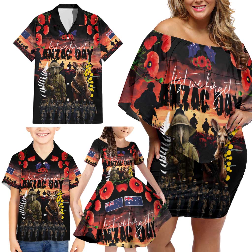 Australia and New Zealand ANZAC Day Family Matching Off Shoulder Short Dress and Hawaiian Shirt Kangaroo and Kiwi Bird Soldier - Forever in My Thoughts LT03 - Polynesian Pride
