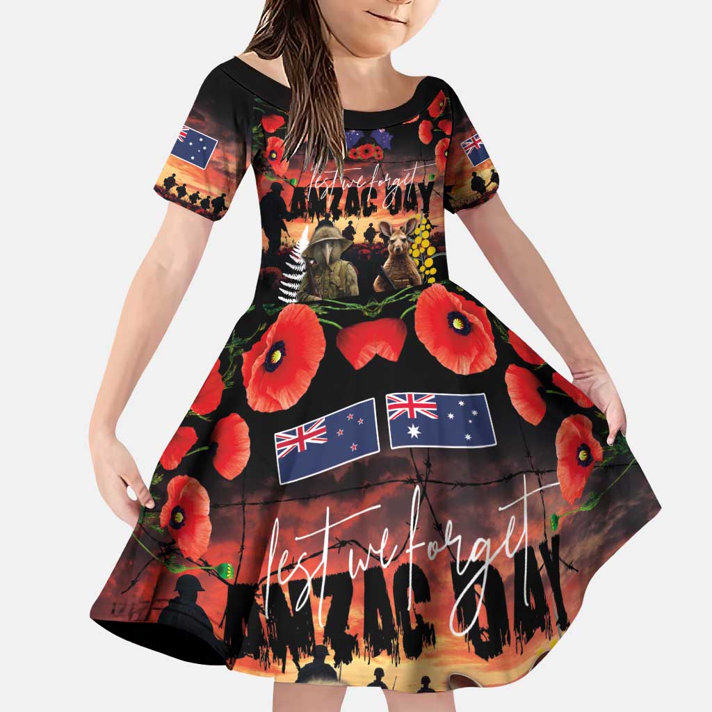 Australia and New Zealand ANZAC Day Family Matching Puletasi and Hawaiian Shirt Kangaroo and Kiwi Bird Soldier - Forever in My Thoughts LT03 Daughter's Dress Black - Polynesian Pride