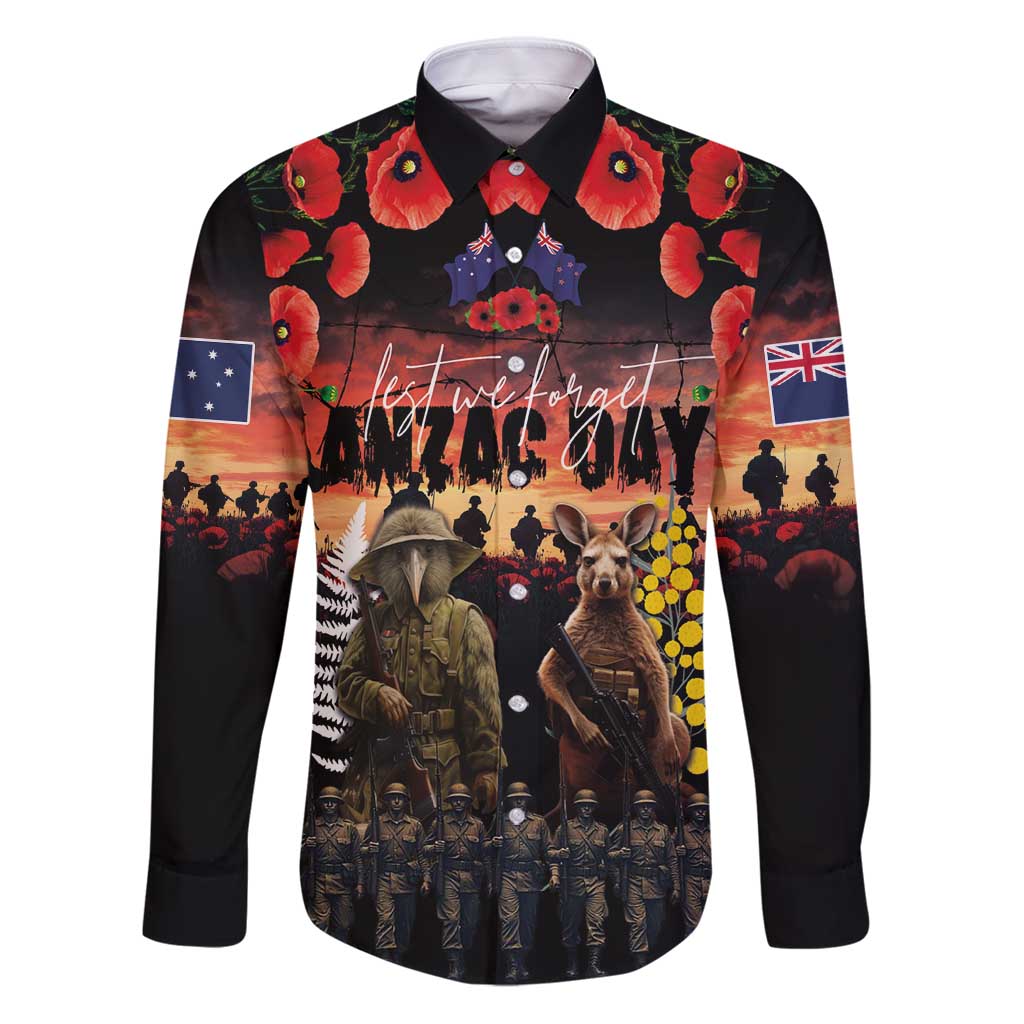 Australia and New Zealand ANZAC Day Family Matching Puletasi and Hawaiian Shirt Kangaroo and Kiwi Bird Soldier - Forever in My Thoughts LT03 Dad's Shirt - Long Sleeve Black - Polynesian Pride