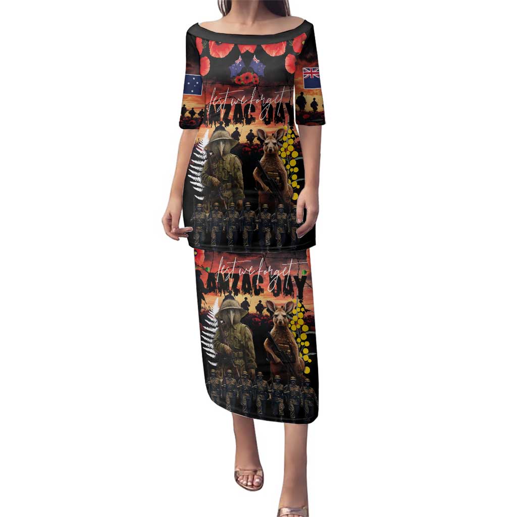Australia and New Zealand ANZAC Day Family Matching Puletasi and Hawaiian Shirt Kangaroo and Kiwi Bird Soldier - Forever in My Thoughts LT03 Mom's Dress Black - Polynesian Pride