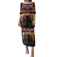 Australia and New Zealand ANZAC Day Family Matching Puletasi and Hawaiian Shirt Kangaroo and Kiwi Bird Soldier - Forever in My Thoughts LT03 Mom's Dress Black - Polynesian Pride