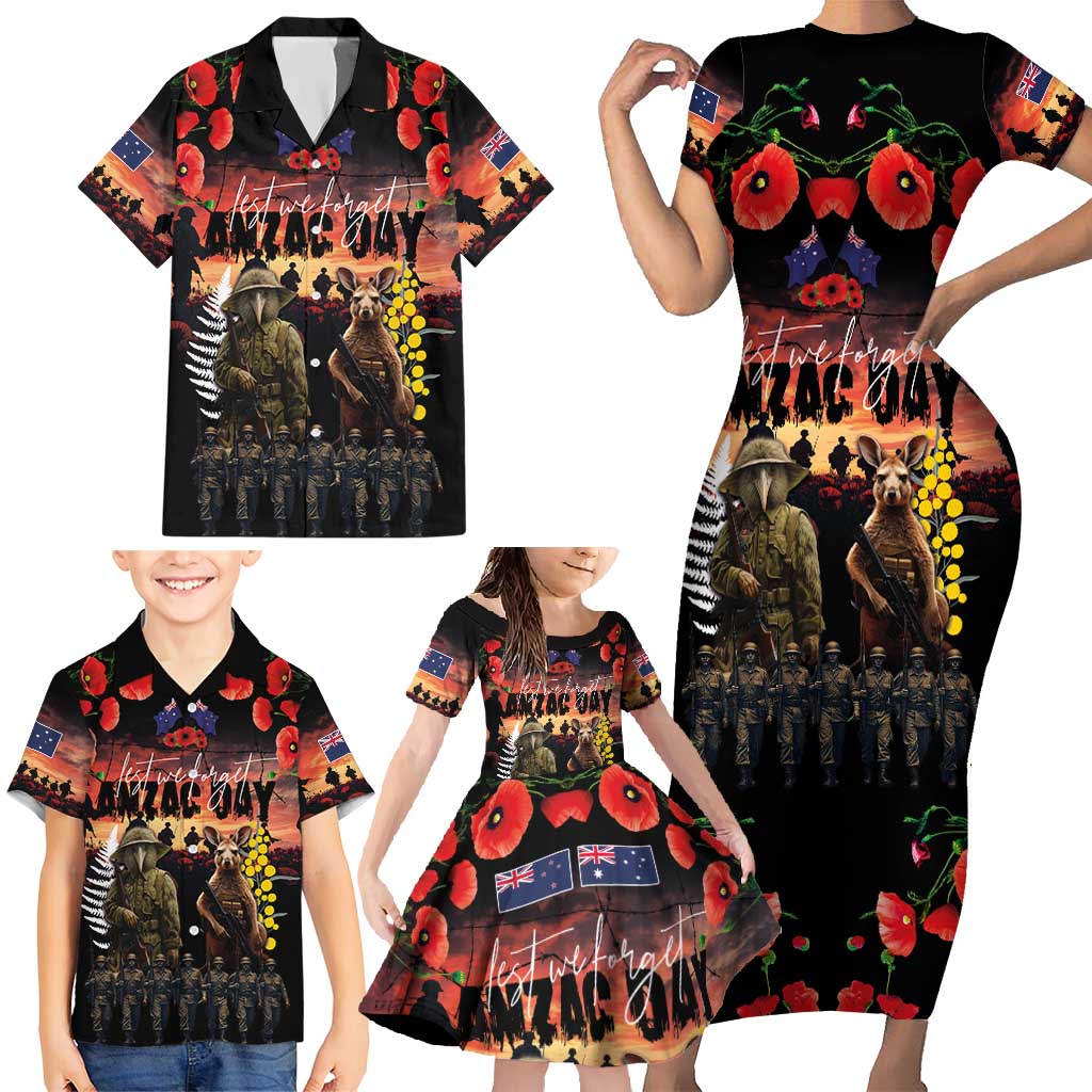 Australia and New Zealand ANZAC Day Family Matching Short Sleeve Bodycon Dress and Hawaiian Shirt Kangaroo and Kiwi Bird Soldier - Forever in My Thoughts LT03 - Polynesian Pride