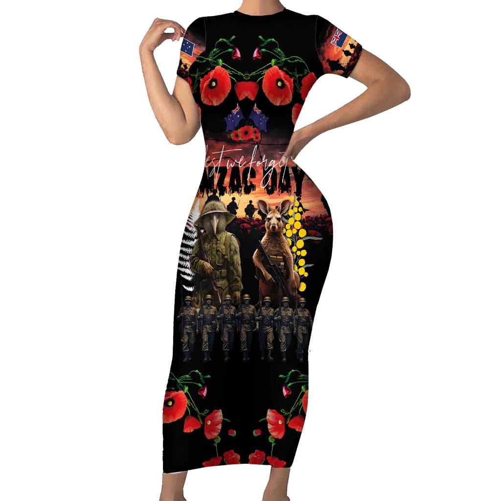 Australia and New Zealand ANZAC Day Family Matching Short Sleeve Bodycon Dress and Hawaiian Shirt Kangaroo and Kiwi Bird Soldier - Forever in My Thoughts LT03 Mom's Dress Black - Polynesian Pride