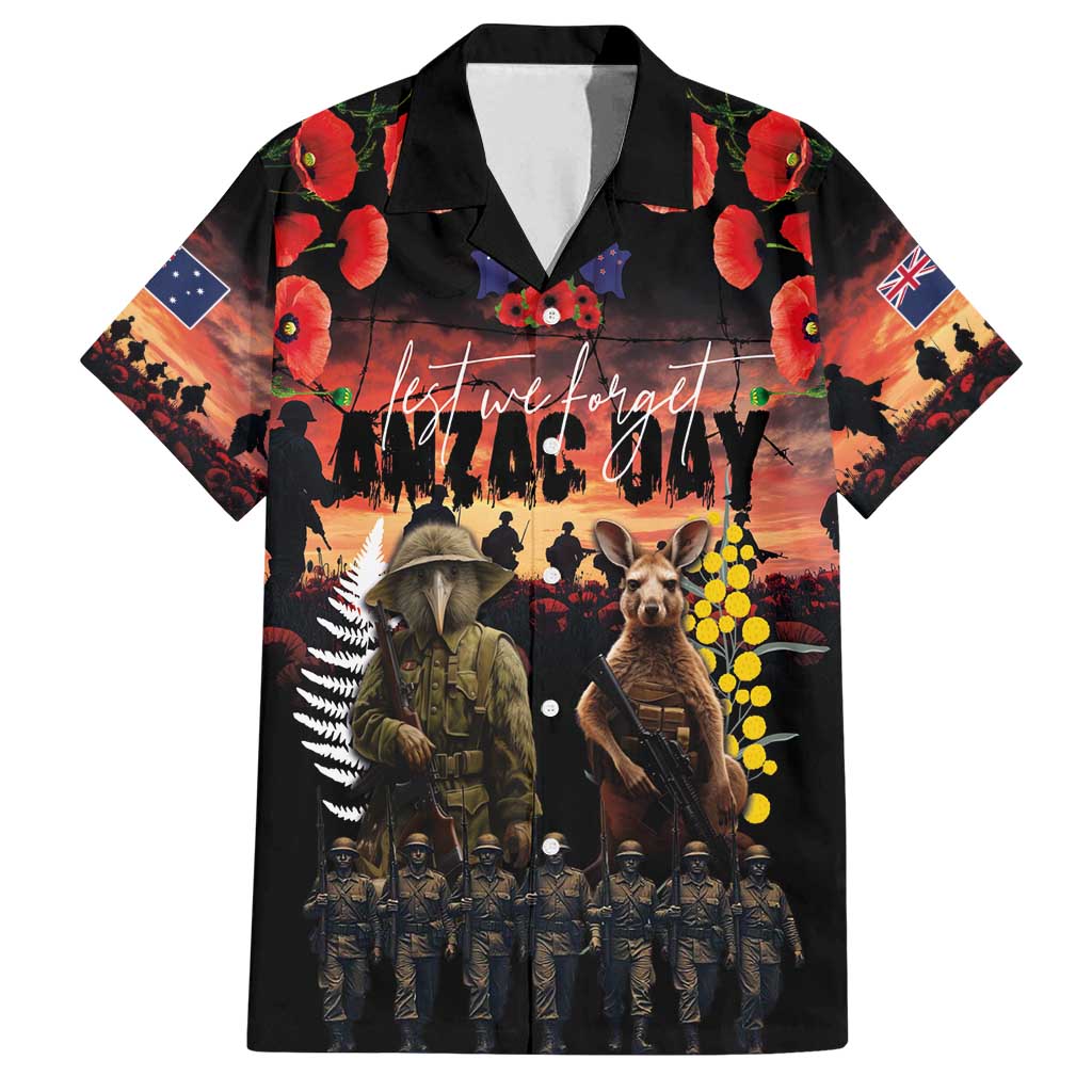 Australia and New Zealand ANZAC Day Family Matching Summer Maxi Dress and Hawaiian Shirt Kangaroo and Kiwi Bird Soldier - Forever in My Thoughts LT03 Dad's Shirt - Short Sleeve Black - Polynesian Pride