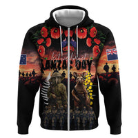 Australia and New Zealand ANZAC Day Hoodie Kangaroo and Kiwi Bird Soldier - Forever in My Thoughts LT03 Zip Hoodie Black - Polynesian Pride