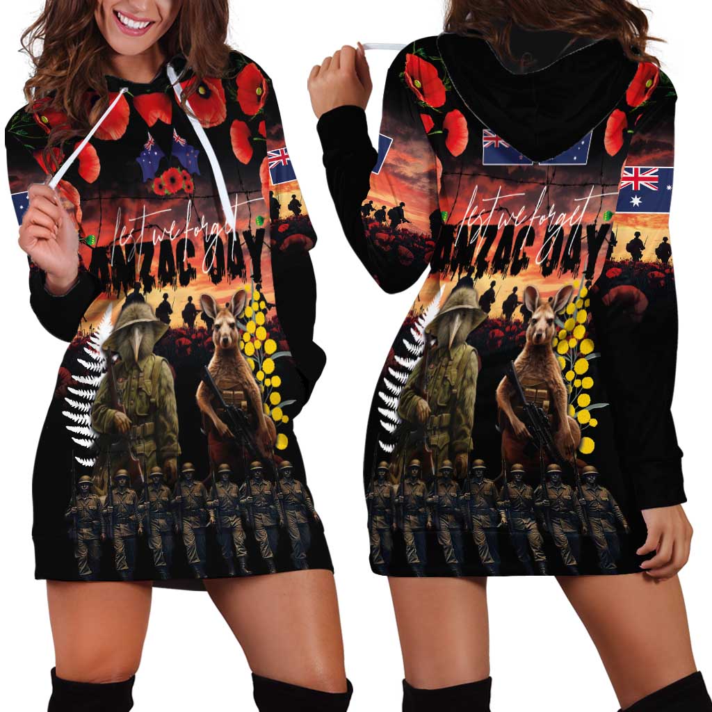 Australia and New Zealand ANZAC Day Hoodie Dress Kangaroo and Kiwi Bird Soldier - Forever in My Thoughts LT03 - Polynesian Pride