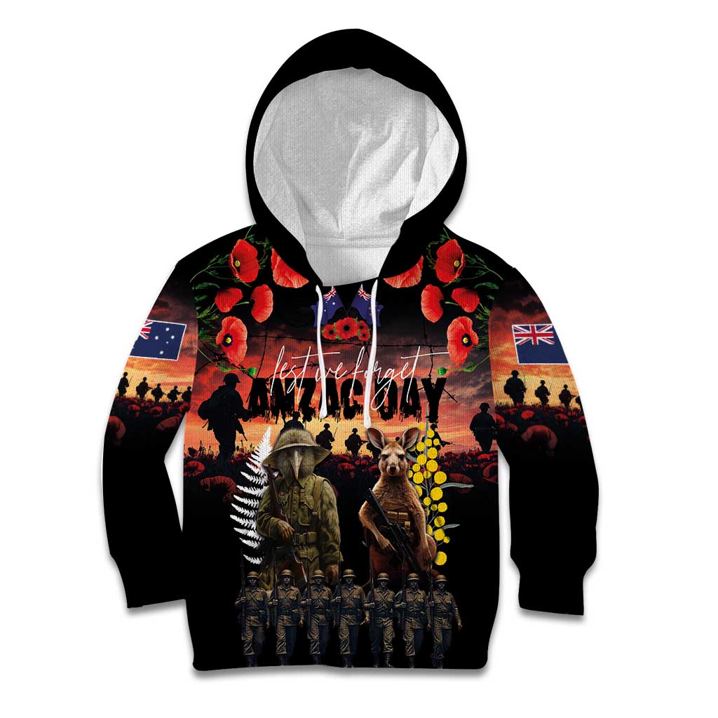 Australia and New Zealand ANZAC Day Kid Hoodie Kangaroo and Kiwi Bird Soldier - Forever in My Thoughts LT03 Hoodie Black - Polynesian Pride