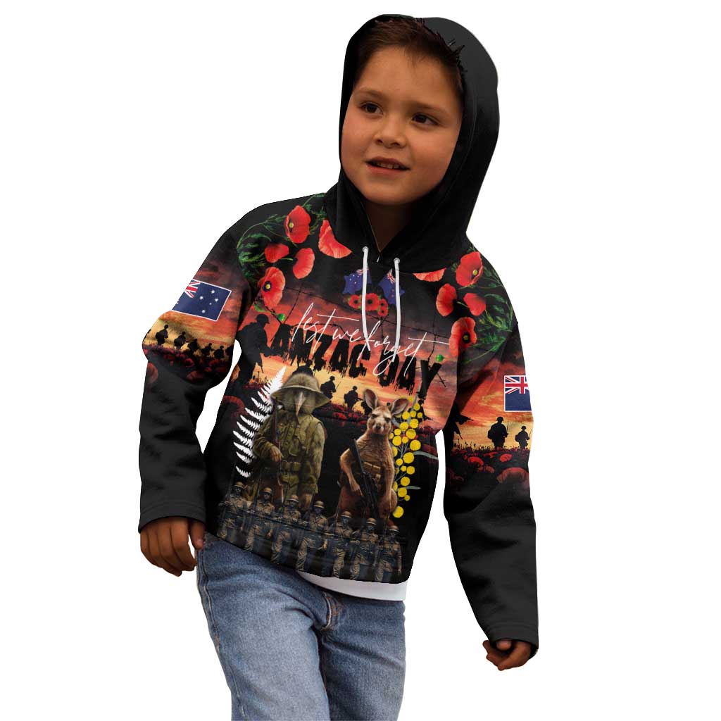 Australia and New Zealand ANZAC Day Kid Hoodie Kangaroo and Kiwi Bird Soldier - Forever in My Thoughts LT03 - Polynesian Pride
