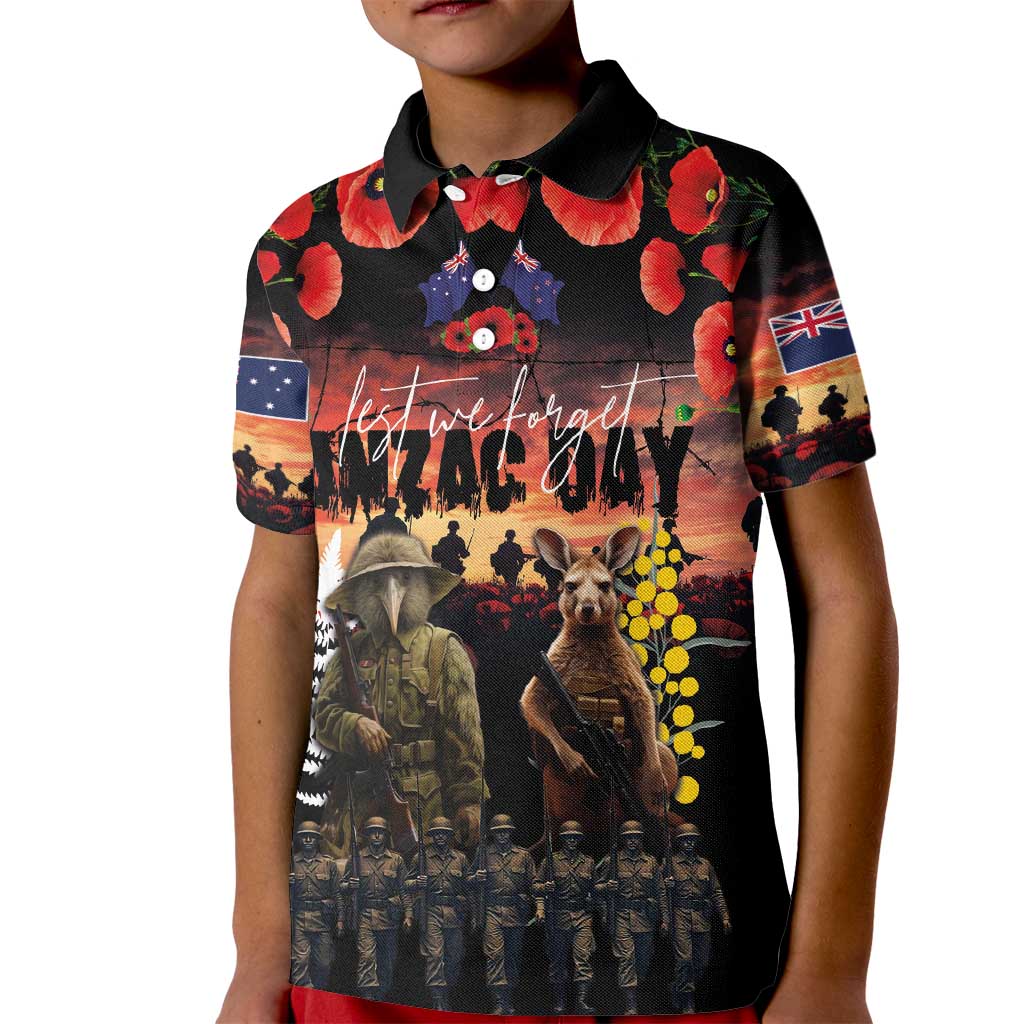 Australia and New Zealand ANZAC Day Kid Polo Shirt Kangaroo and Kiwi Bird Soldier - Forever in My Thoughts LT03 Kid Black - Polynesian Pride