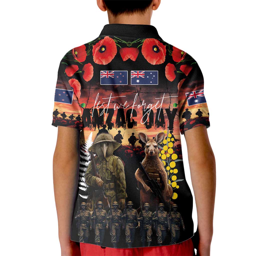 Australia and New Zealand ANZAC Day Kid Polo Shirt Kangaroo and Kiwi Bird Soldier - Forever in My Thoughts LT03 - Polynesian Pride