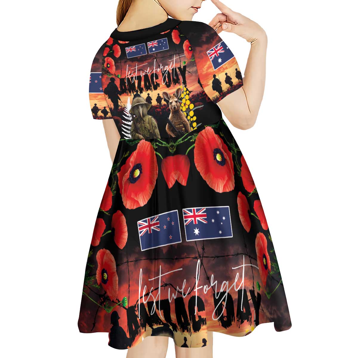 Australia and New Zealand ANZAC Day Kid Short Sleeve Dress Kangaroo and Kiwi Bird Soldier - Forever in My Thoughts LT03 - Polynesian Pride