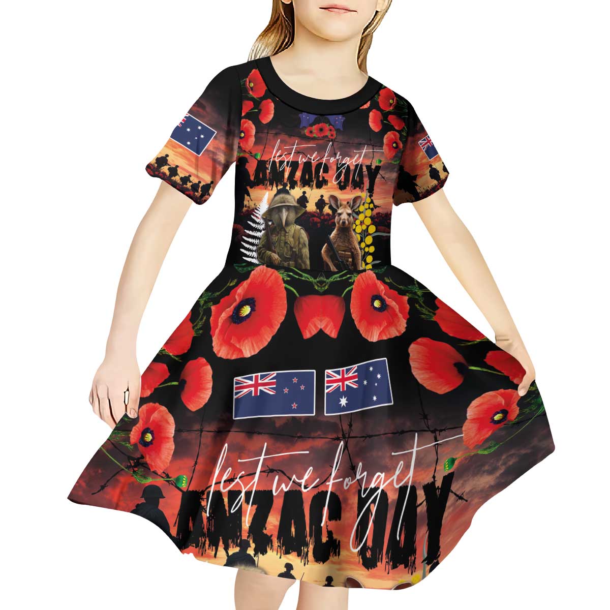 Australia and New Zealand ANZAC Day Kid Short Sleeve Dress Kangaroo and Kiwi Bird Soldier - Forever in My Thoughts LT03 - Polynesian Pride