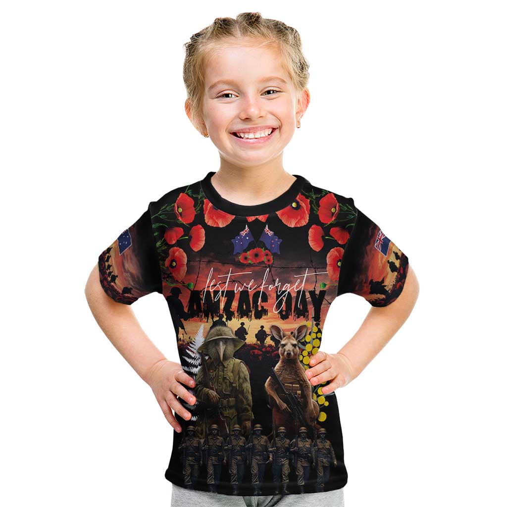 Australia and New Zealand ANZAC Day Kid T Shirt Kangaroo and Kiwi Bird Soldier - Forever in My Thoughts LT03 Black - Polynesian Pride