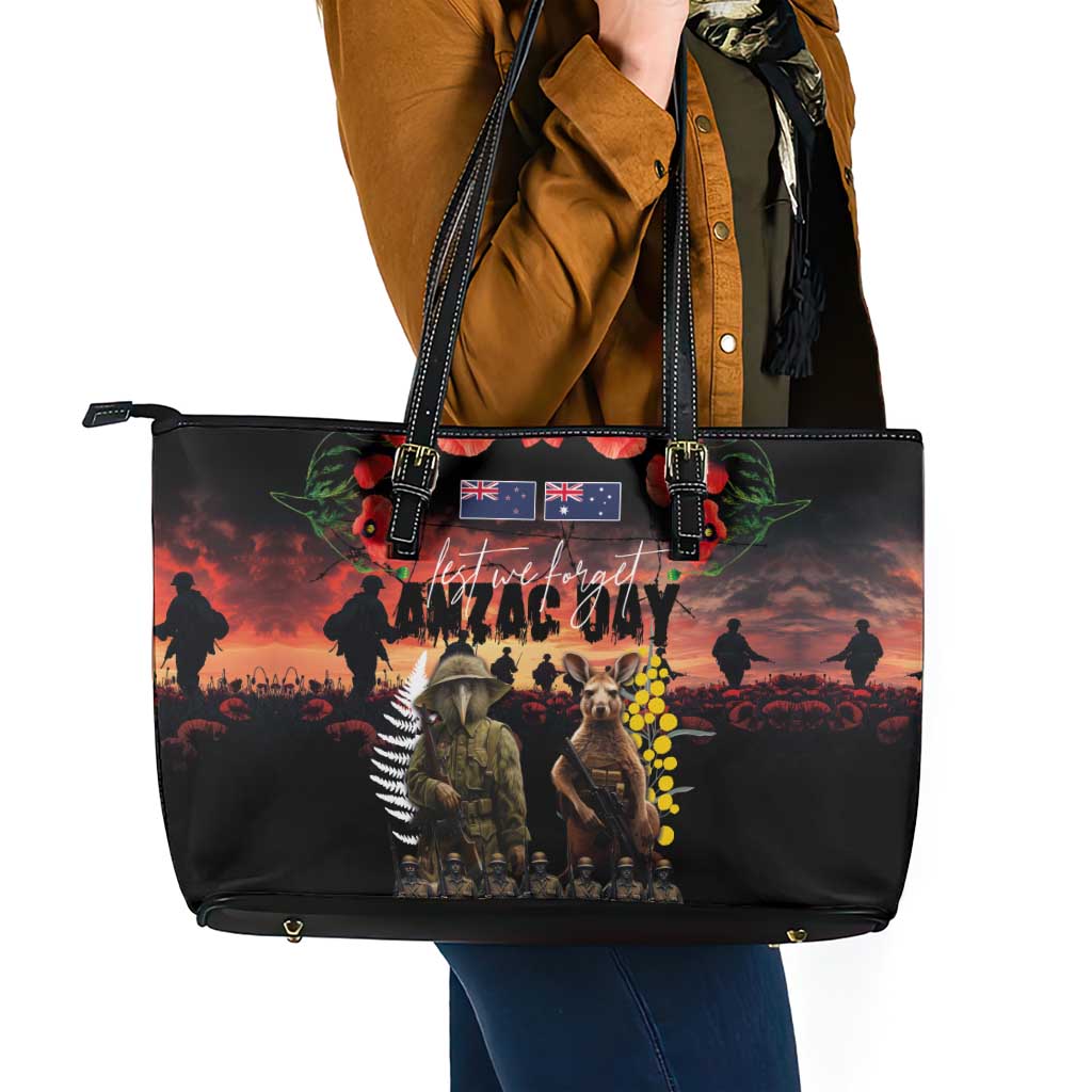 Australia and New Zealand ANZAC Day Leather Tote Bag Kangaroo and Kiwi Bird Soldier - Forever in My Thoughts LT03 - Polynesian Pride