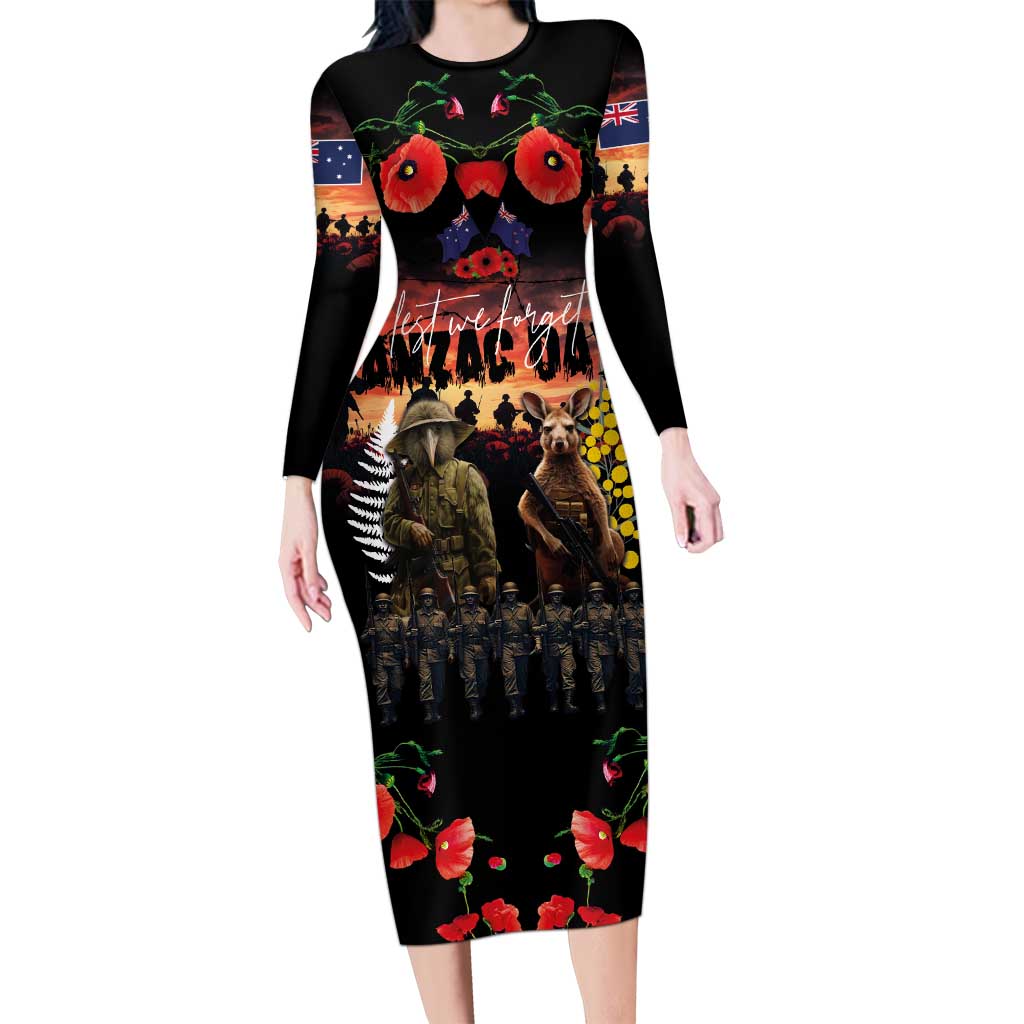 Australia and New Zealand ANZAC Day Long Sleeve Bodycon Dress Kangaroo and Kiwi Bird Soldier - Forever in My Thoughts LT03 Long Dress Black - Polynesian Pride