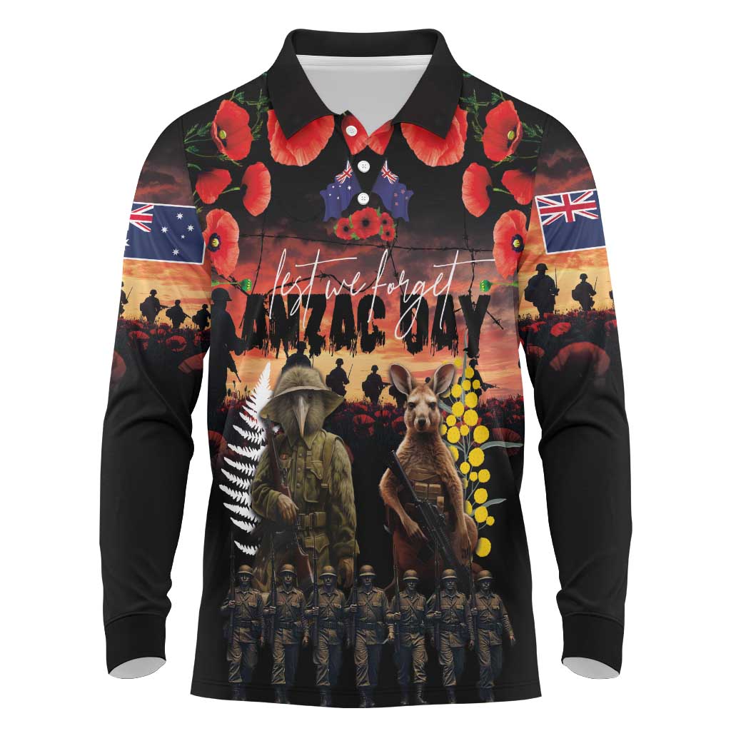 Australia and New Zealand ANZAC Day Long Sleeve Polo Shirt Kangaroo and Kiwi Bird Soldier - Forever in My Thoughts LT03 Black - Polynesian Pride
