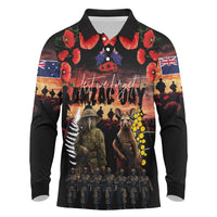 Australia and New Zealand ANZAC Day Long Sleeve Polo Shirt Kangaroo and Kiwi Bird Soldier - Forever in My Thoughts LT03 Black - Polynesian Pride